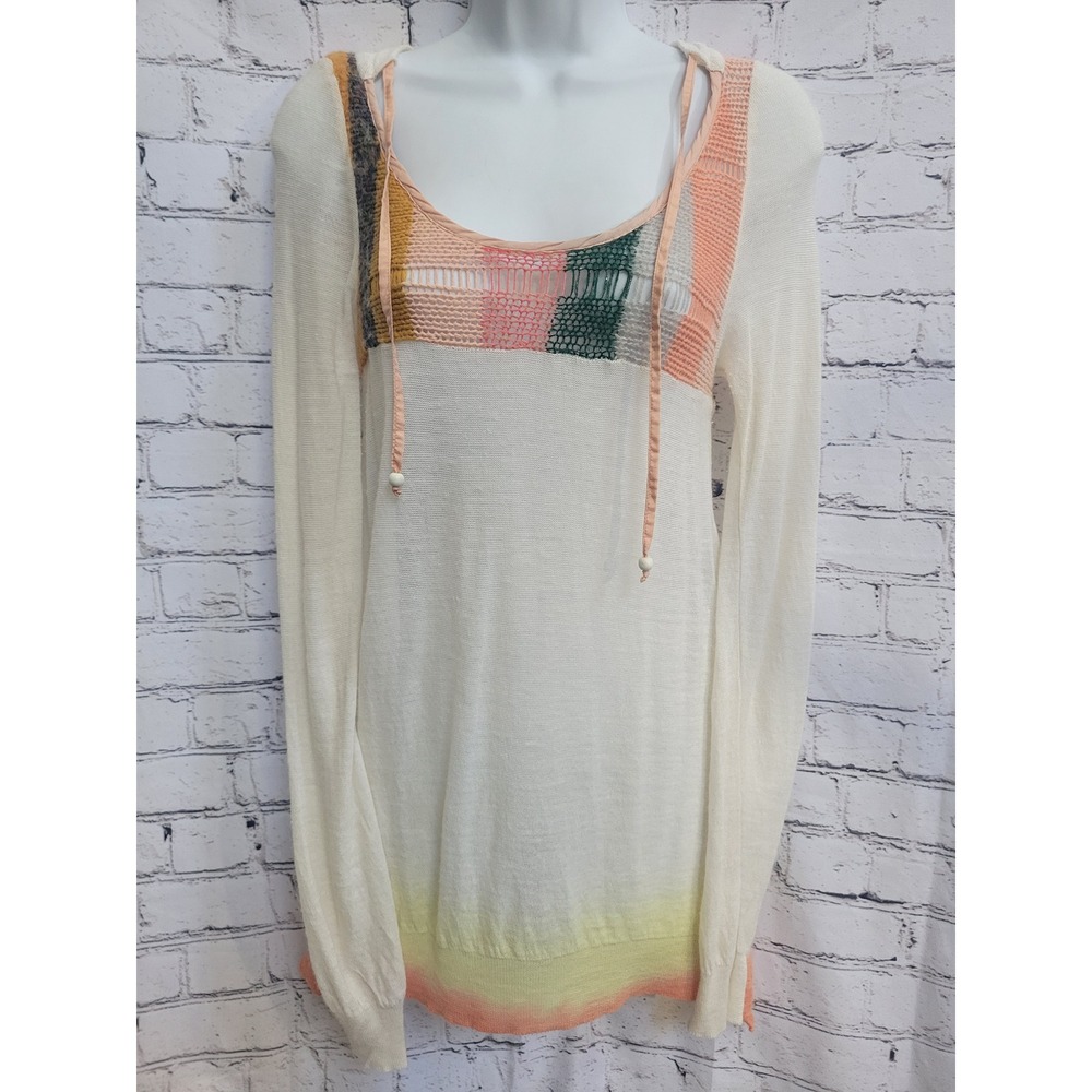 Free People Hoodie Sweater XS Crochet Knit Boho Dip Dye Ombre Long Sleeve Cream